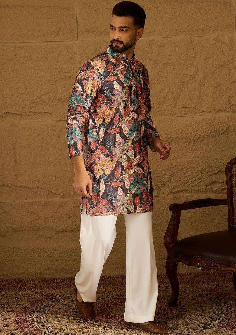 Multi Printed Silk Kurta Set For Men - Indya