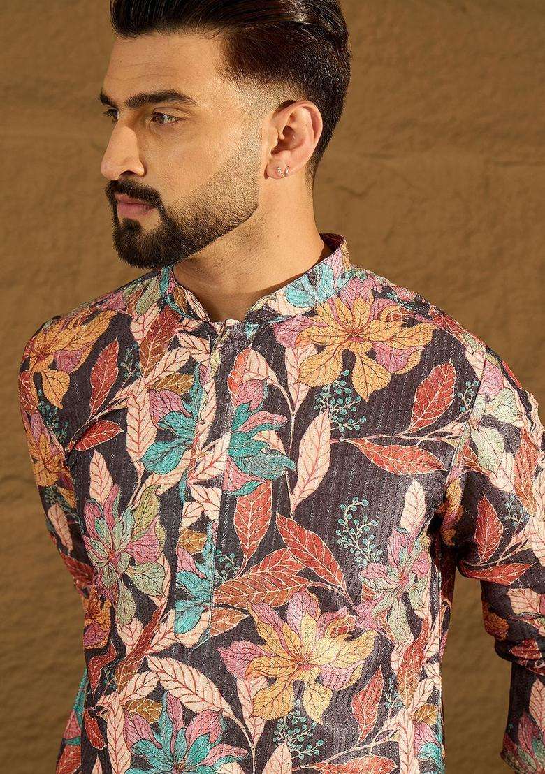 Multi Printed Silk Kurta Set For Men - Indya