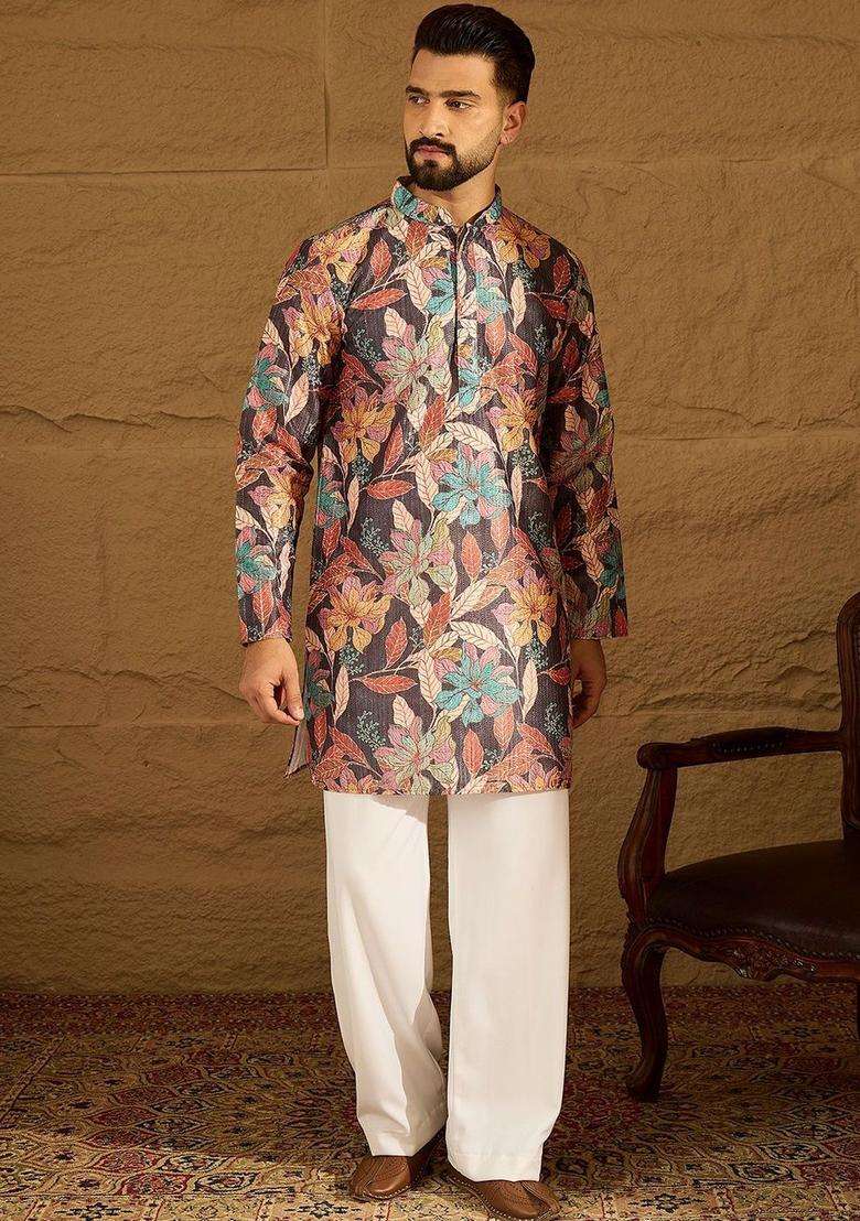 Multi Printed Silk Kurta Set For Men - Indya