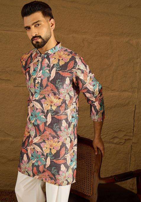 Multi Printed Silk Kurta Set For Men