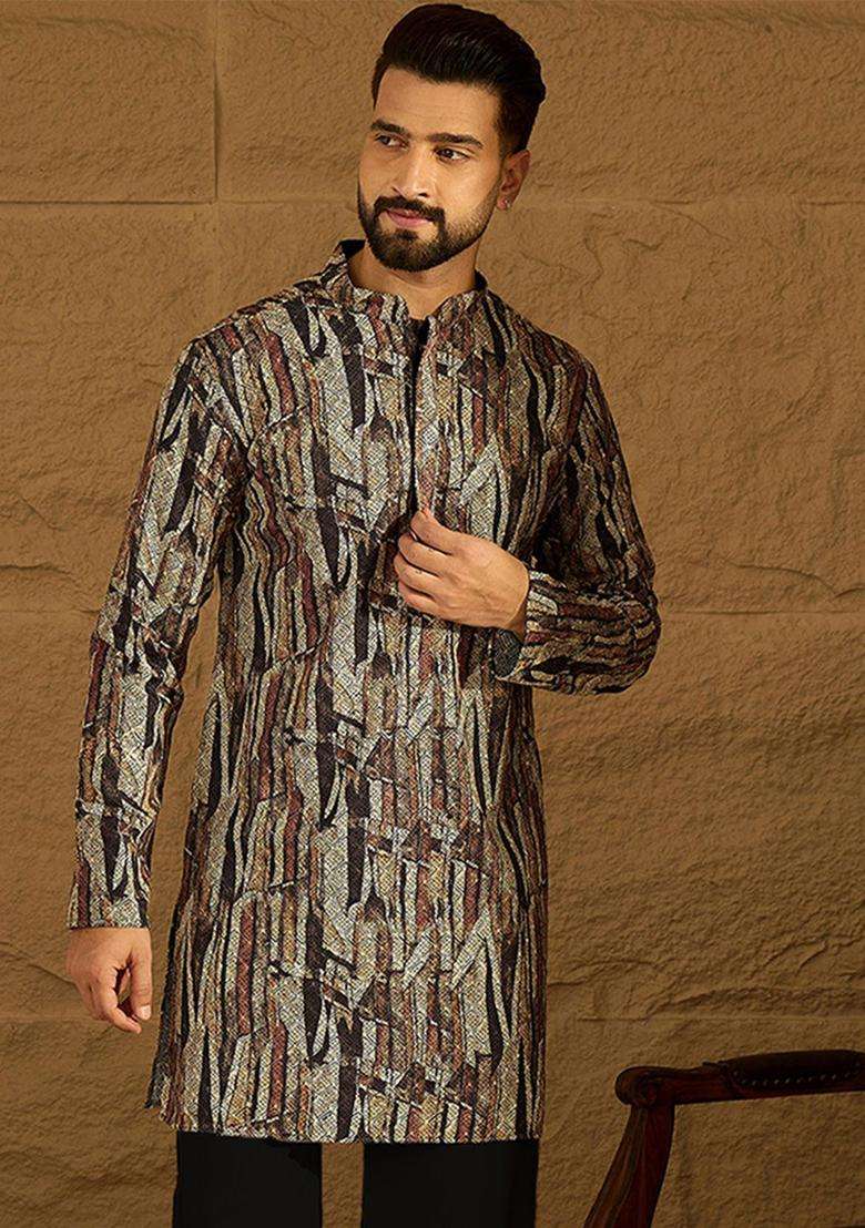 Multi Printed Viscose Kurta Set For Men - Indya