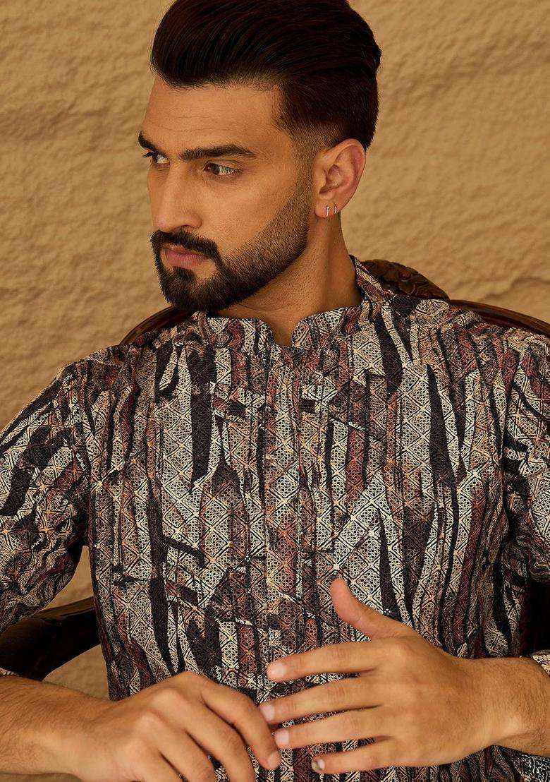 Multi Printed Viscose Kurta Set For Men - Indya
