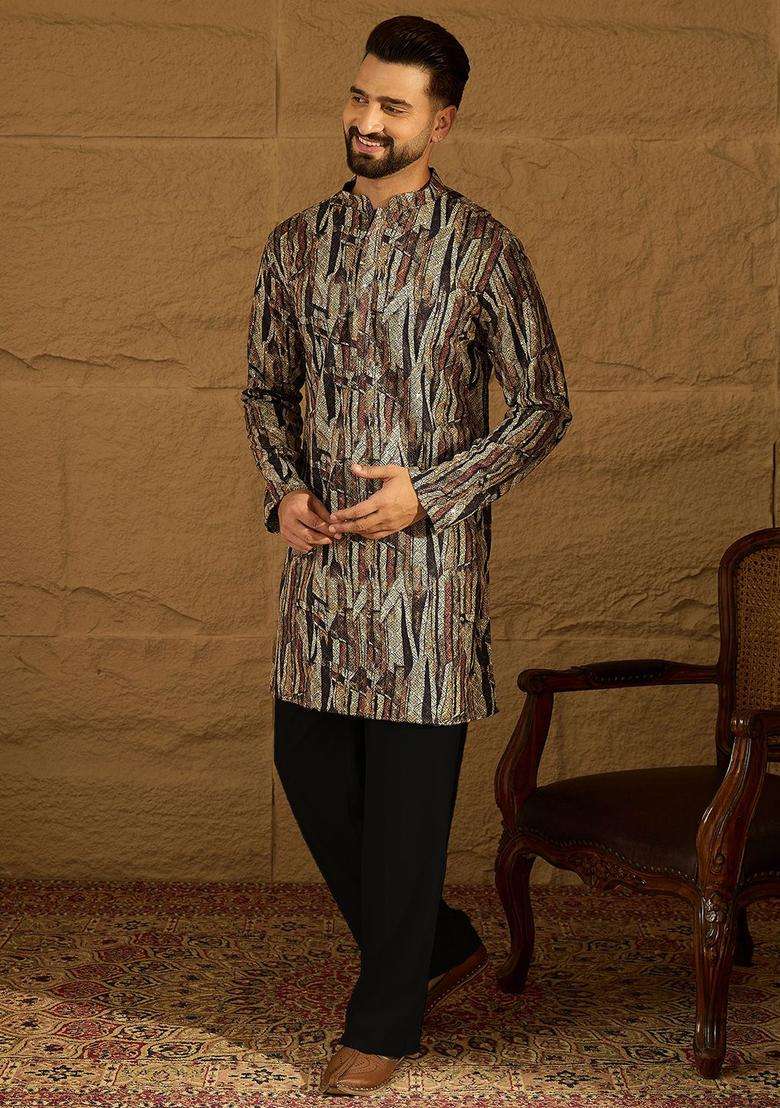 Multi Printed Viscose Kurta Set For Men - Indya