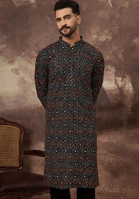 Black Printed Viscose Kurta Set For Men