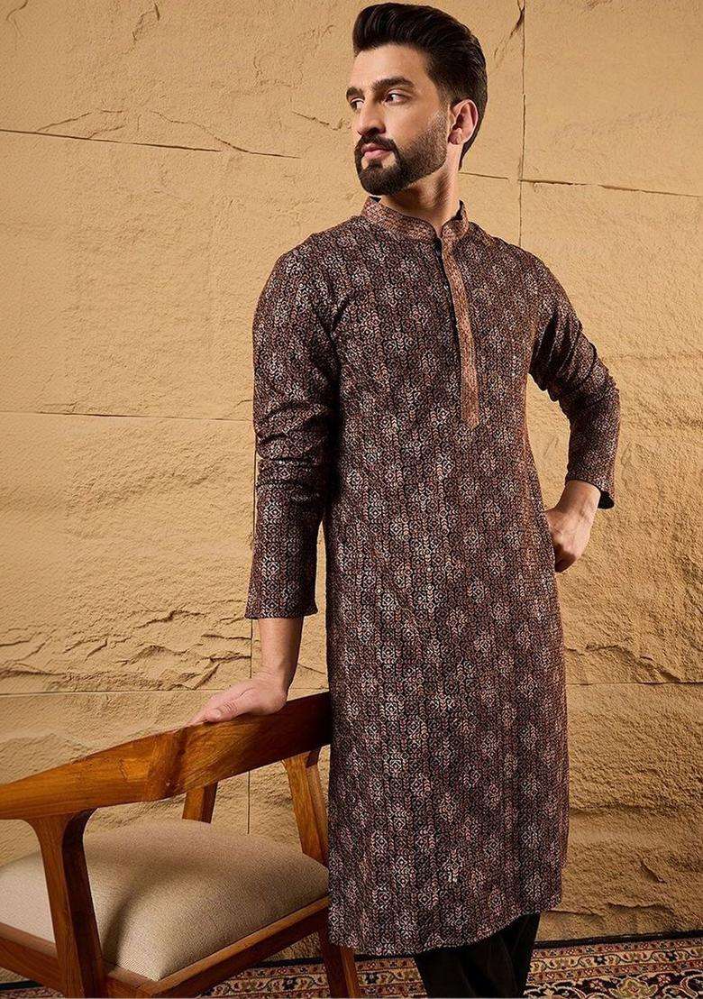 Brown Woven Design Viscose Kurta Set For Men - Indya