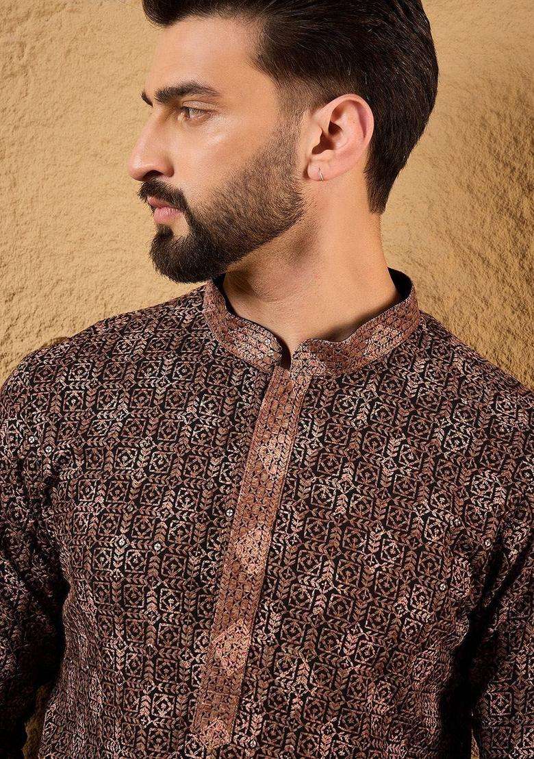 Brown Woven Design Viscose Kurta Set For Men - Indya