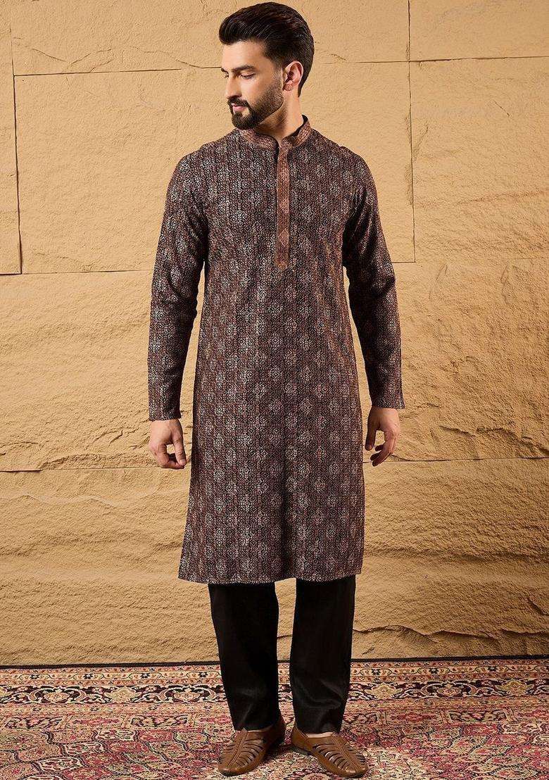 Brown Woven Design Viscose Kurta Set For Men - Indya