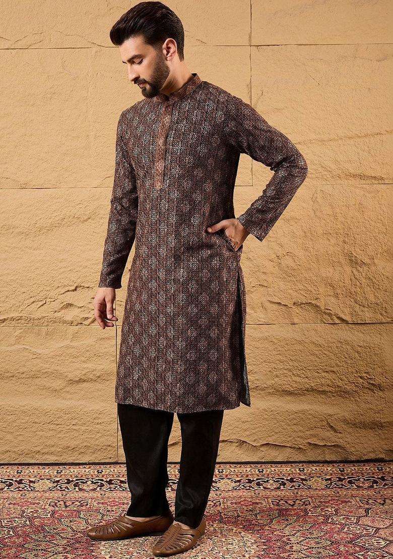 Brown Woven Design Viscose Kurta Set For Men - Indya