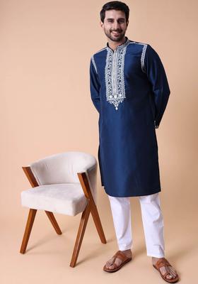 Navy Blue Embroidered Silk Kurta Set For Men