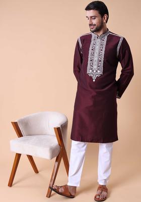 Maroon Embroidered Silk Kurta Set For Men