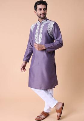 Purple Embroidered Silk Kurta Set For Men