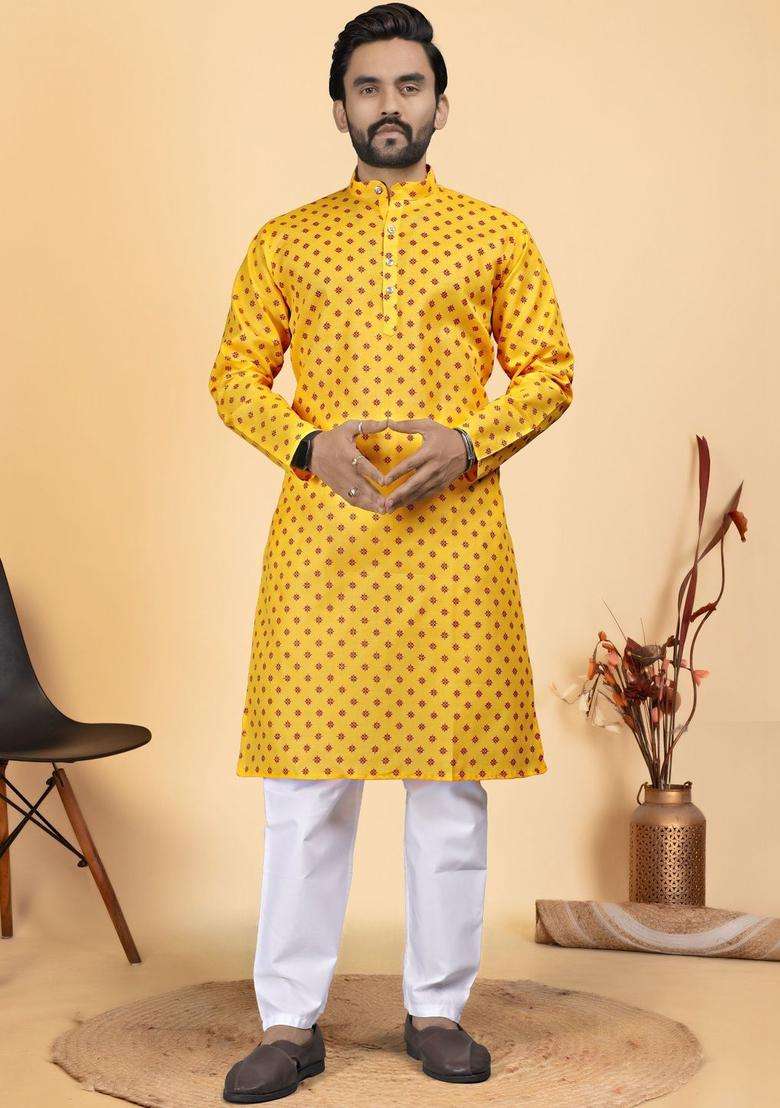 Yellow Printed Cotton Kurta Set For Men - Indya