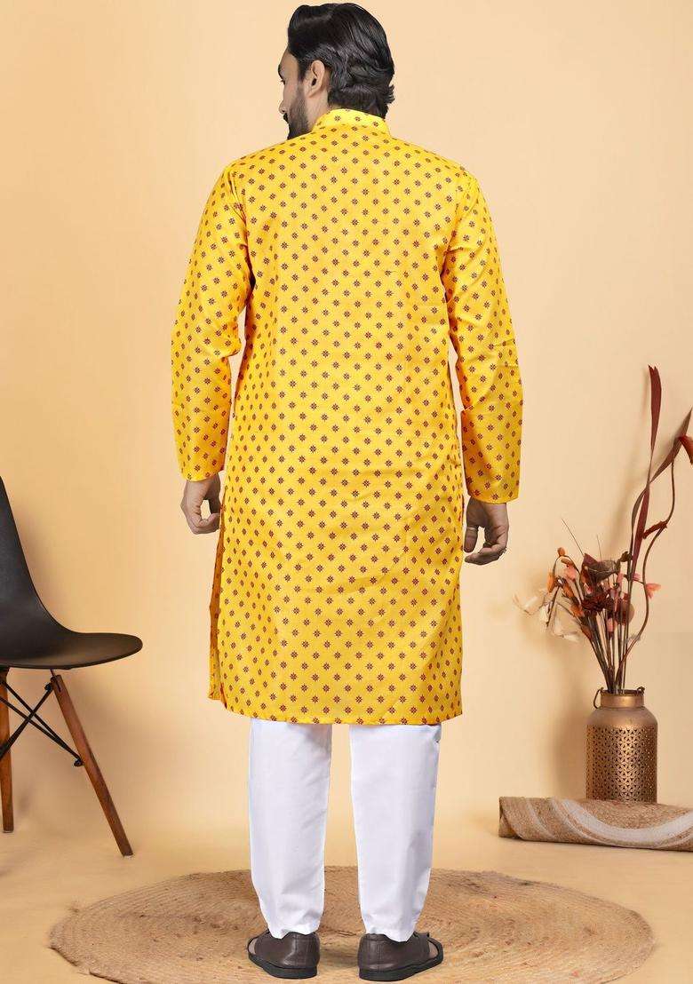 Yellow Printed Cotton Kurta Set For Men - Indya