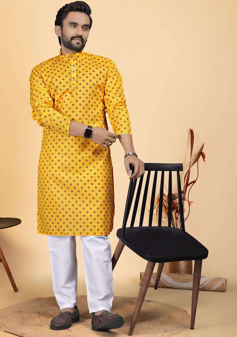 Yellow Printed Cotton Kurta Set For Men - Indya