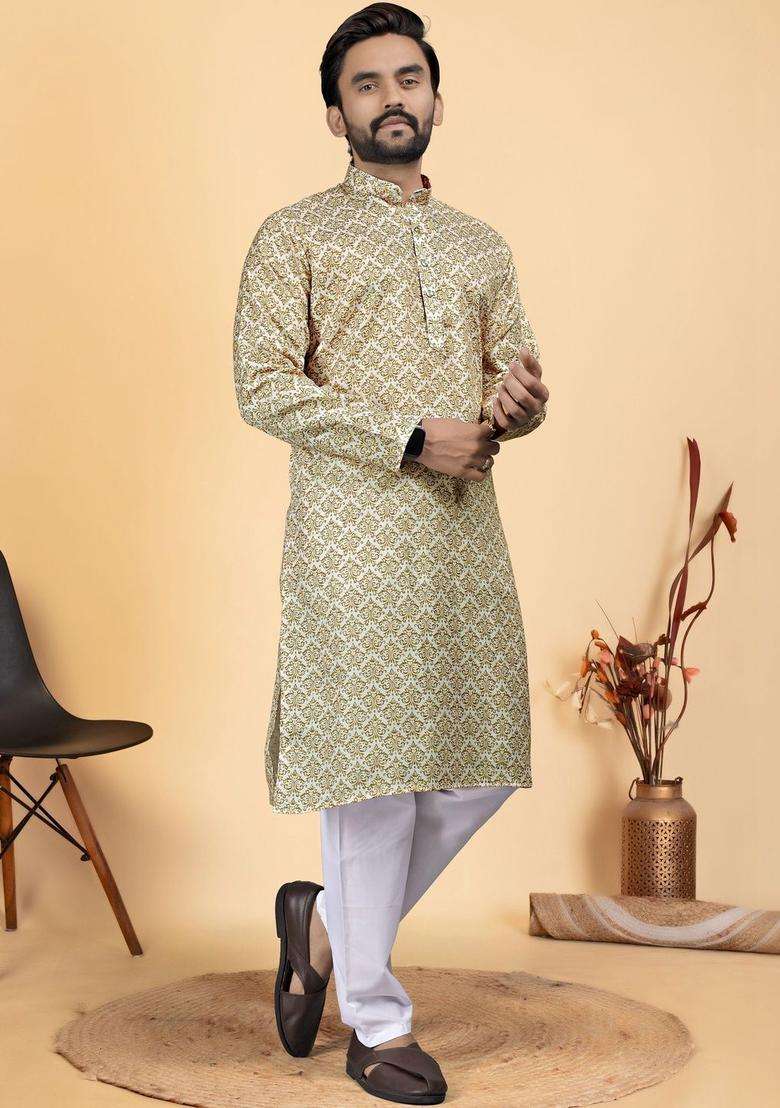 Off White Printed Cotton Kurta Set For Men - Indya