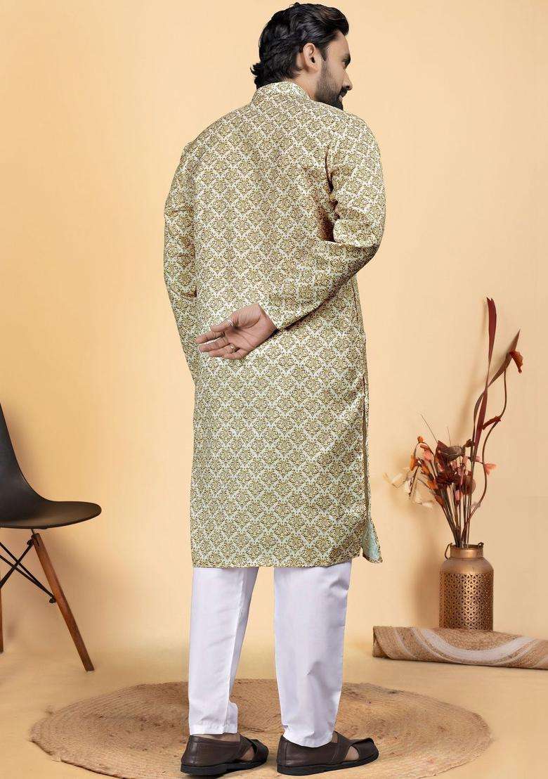 Off White Printed Cotton Kurta Set For Men - Indya
