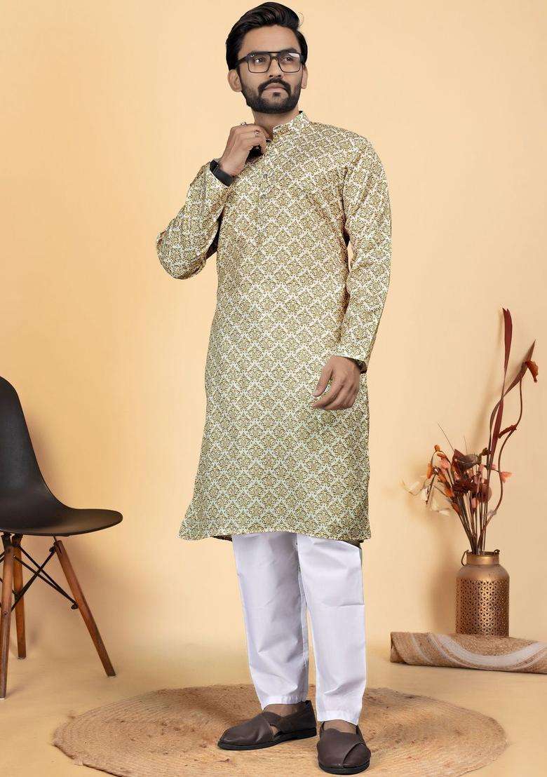 Off White Printed Cotton Kurta Set For Men - Indya