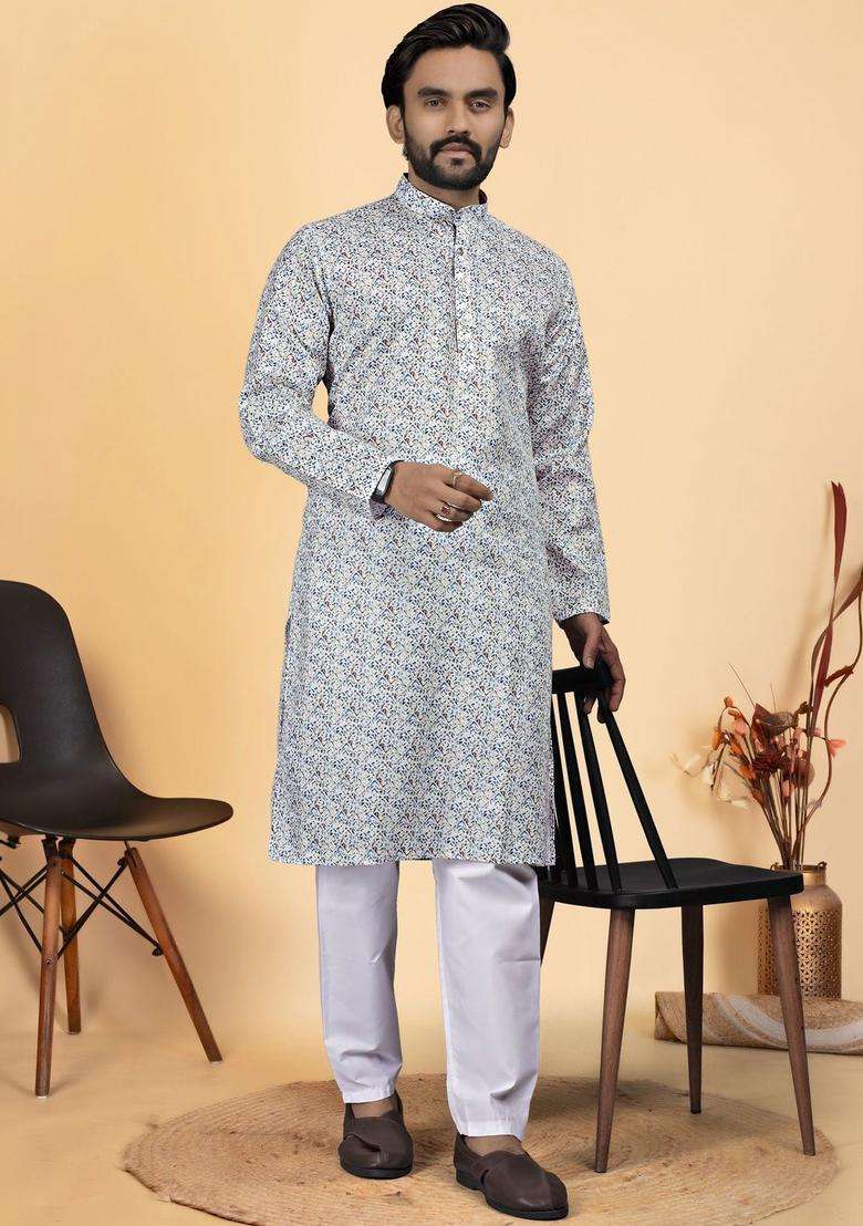 White Printed Cotton Kurta Set For Men - Indya