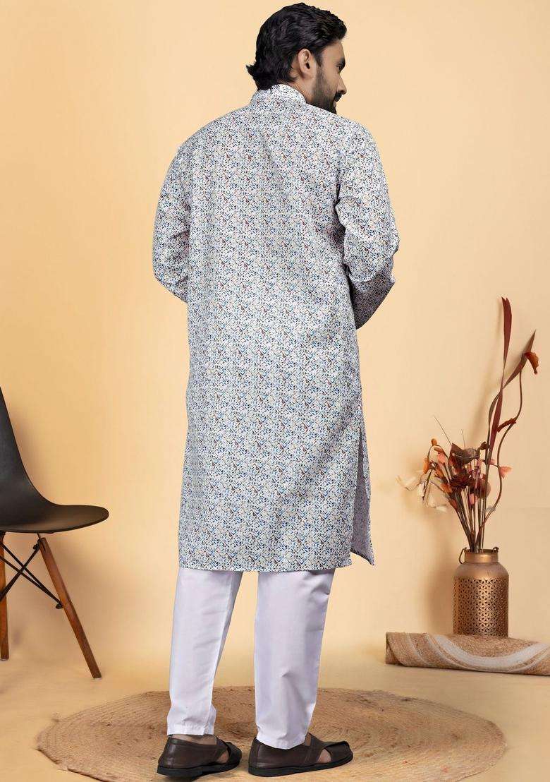 White Printed Cotton Kurta Set For Men - Indya