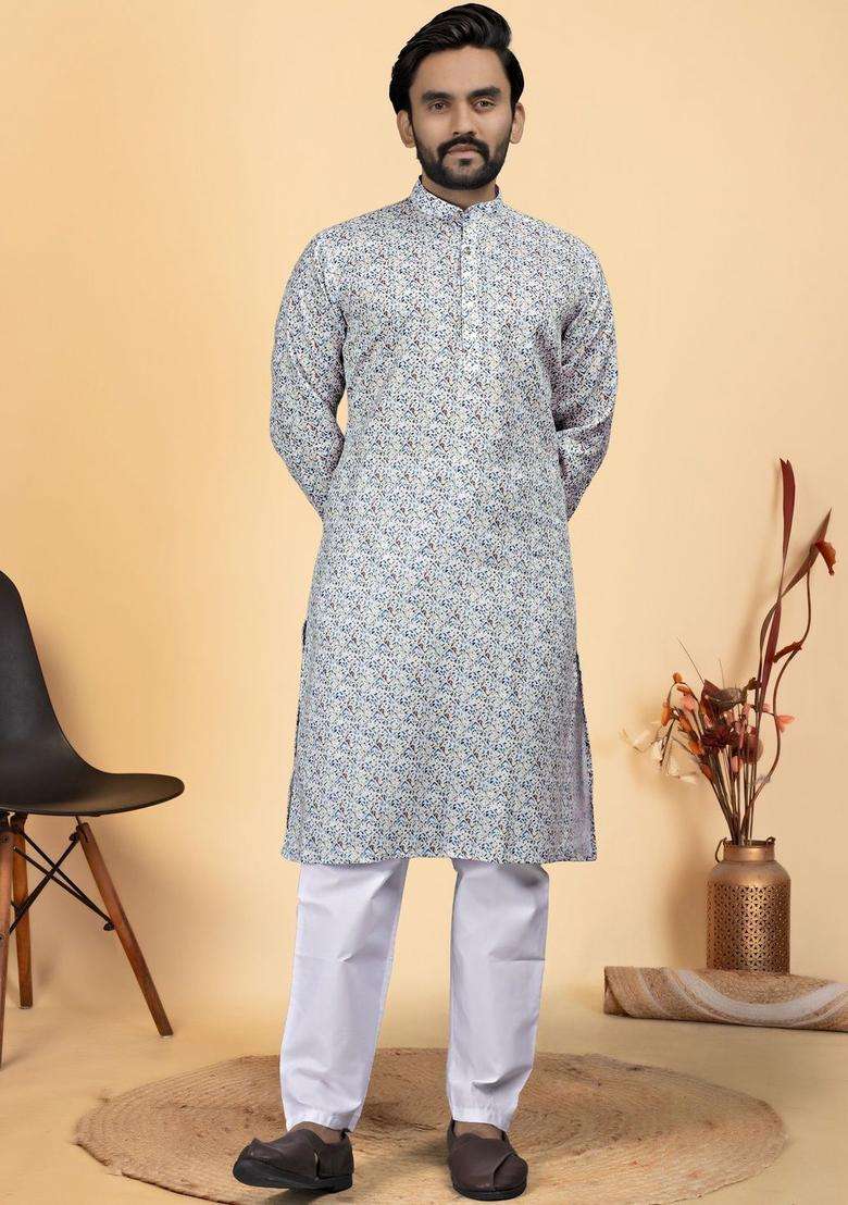 White Printed Cotton Kurta Set For Men - Indya