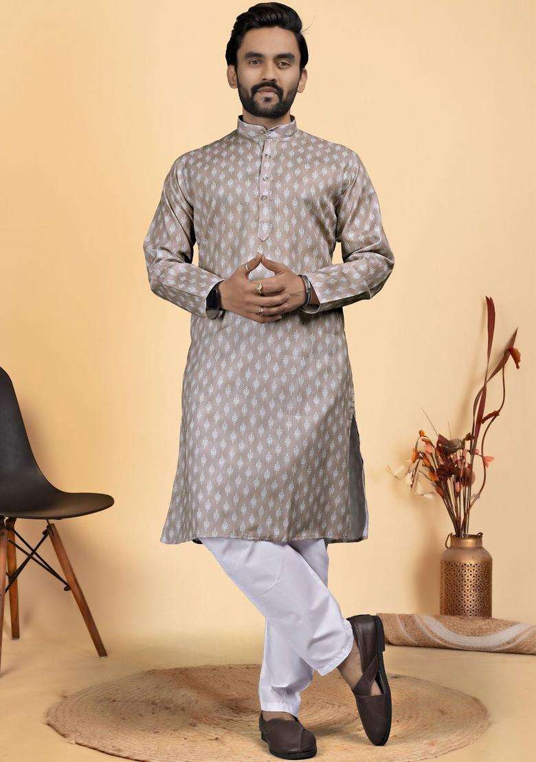 Beige Printed Cotton Kurta Set For Men - Indya