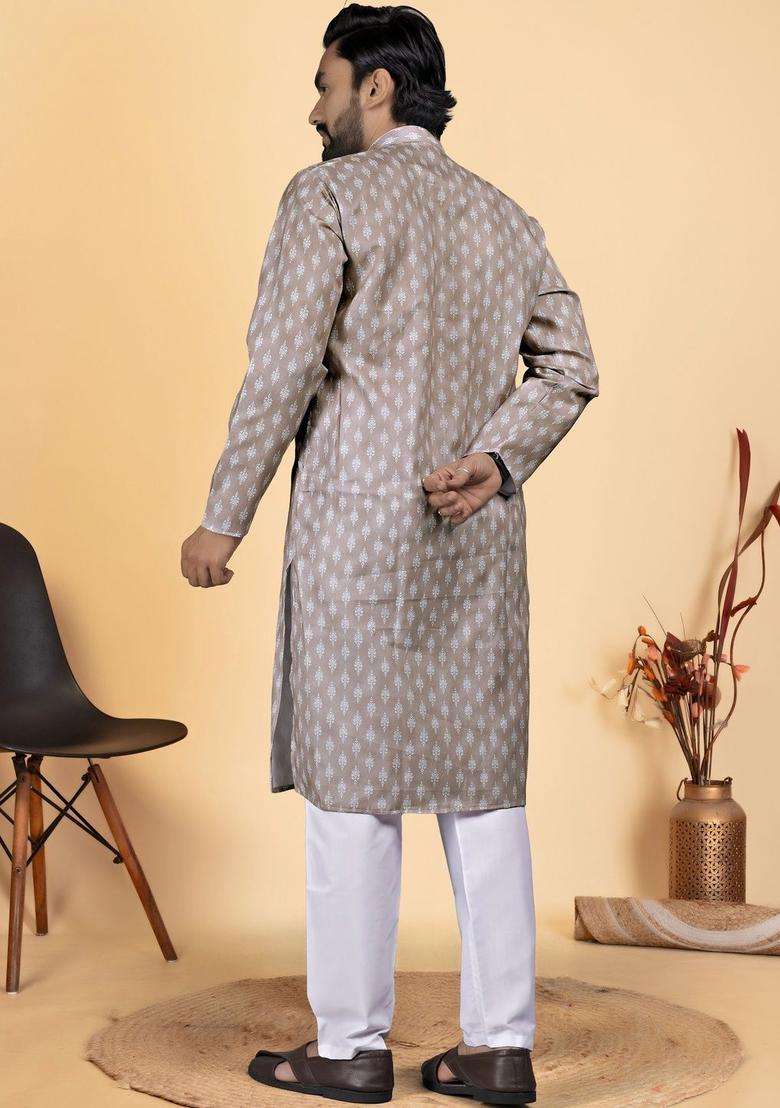 Beige Printed Cotton Kurta Set For Men - Indya
