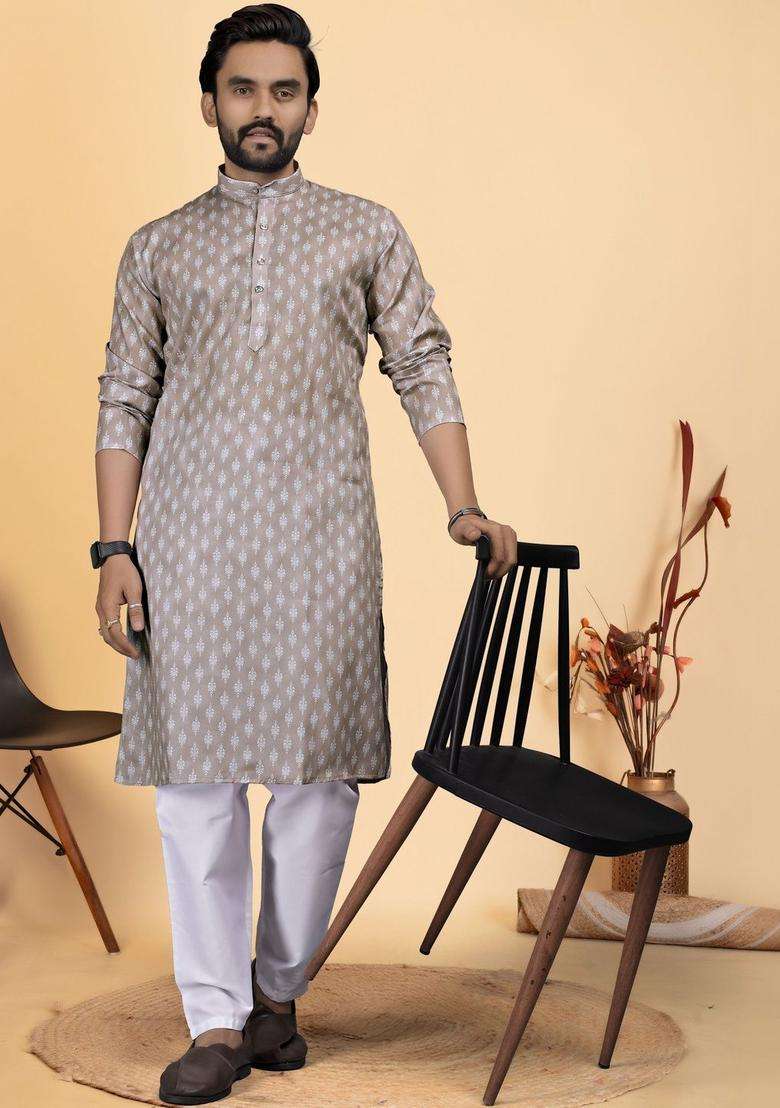 Beige Printed Cotton Kurta Set For Men - Indya