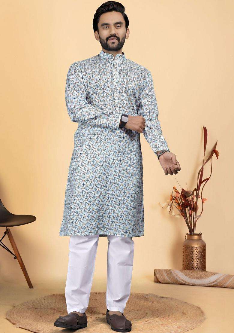 Multi Printed Cotton Kurta Set For Men - Indya