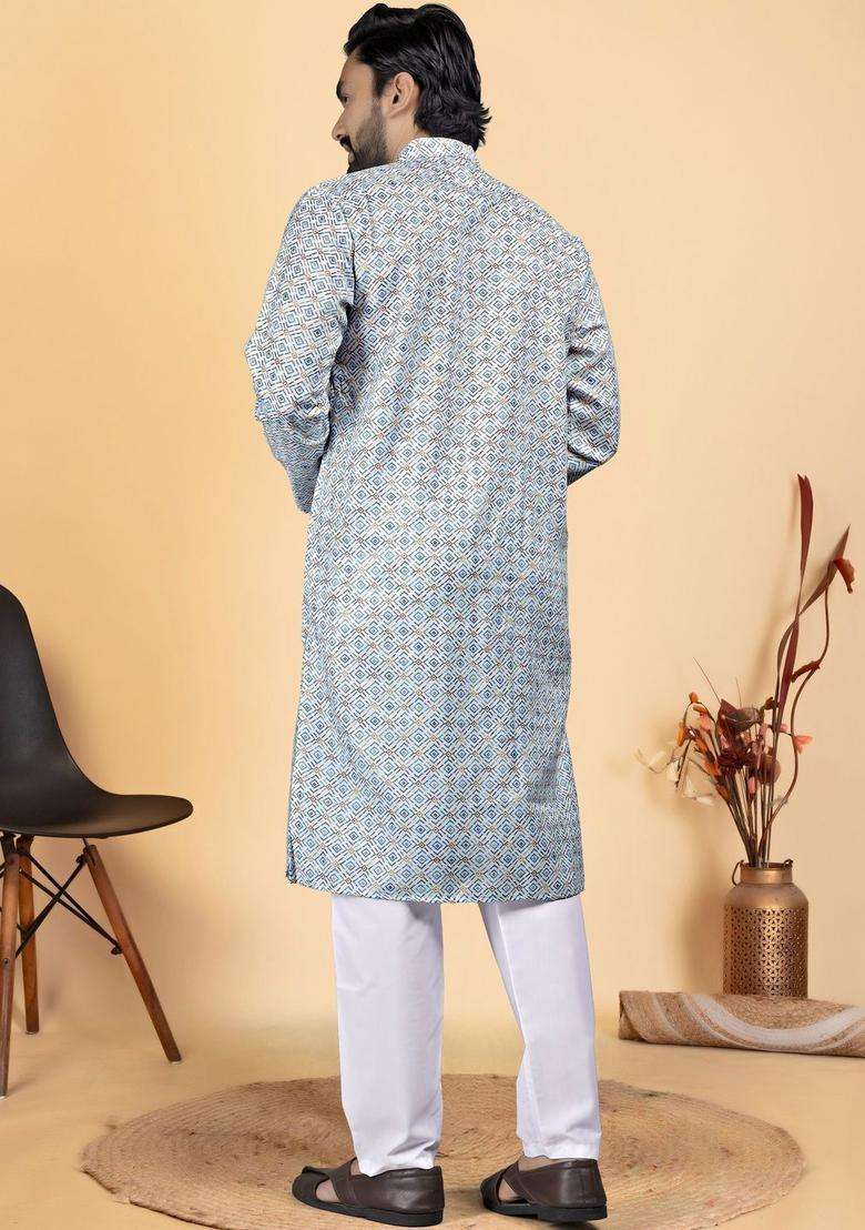 Multi Printed Cotton Kurta Set For Men - Indya