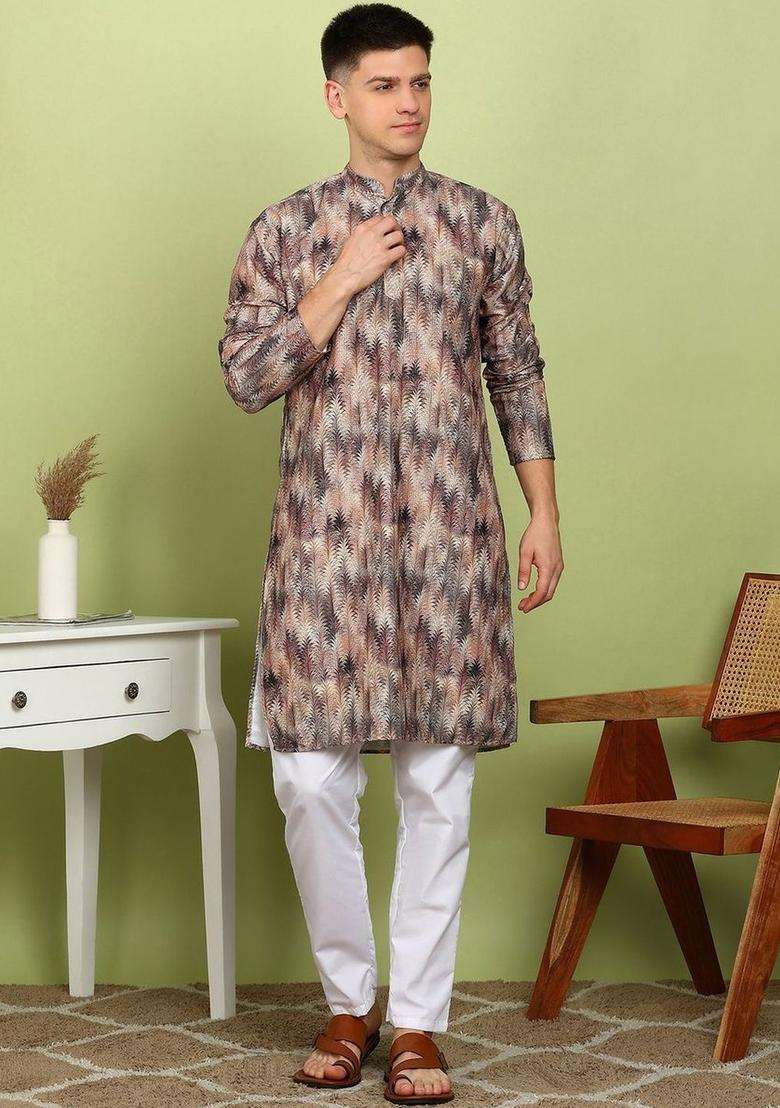 Multi Printed Cotton Kurta Set For Men - Indya