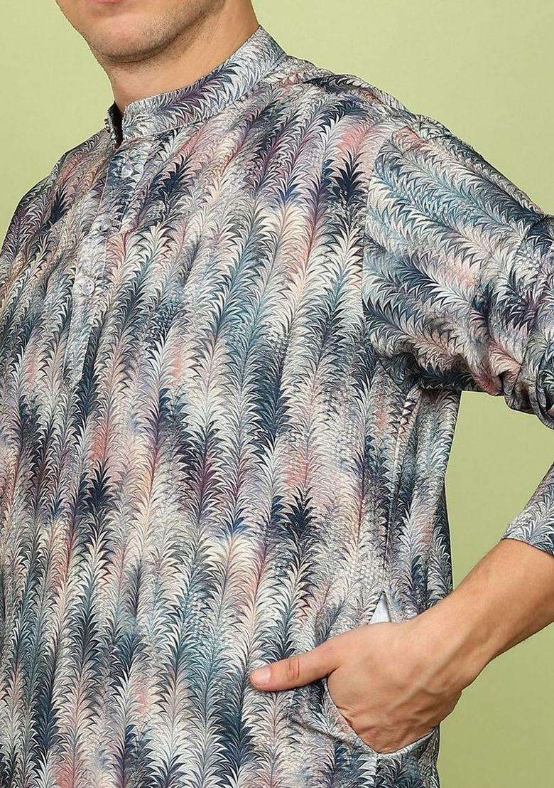 Multi Printed Cotton Kurta Set For Men - Indya