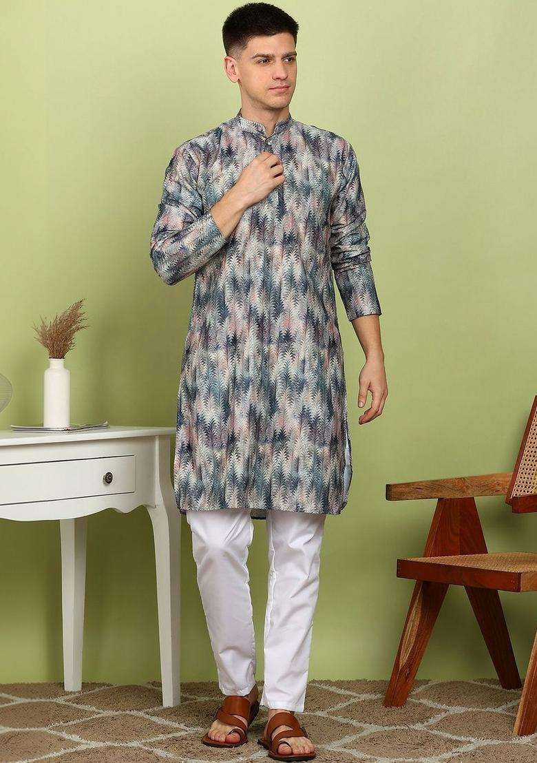 Multi Printed Cotton Kurta Set For Men - Indya