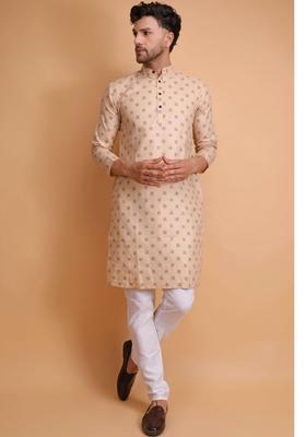 Beige Printed Cotton Kurta Set For Men