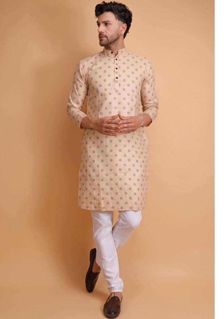 Beige Printed Cotton Kurta Set For Men - Indya