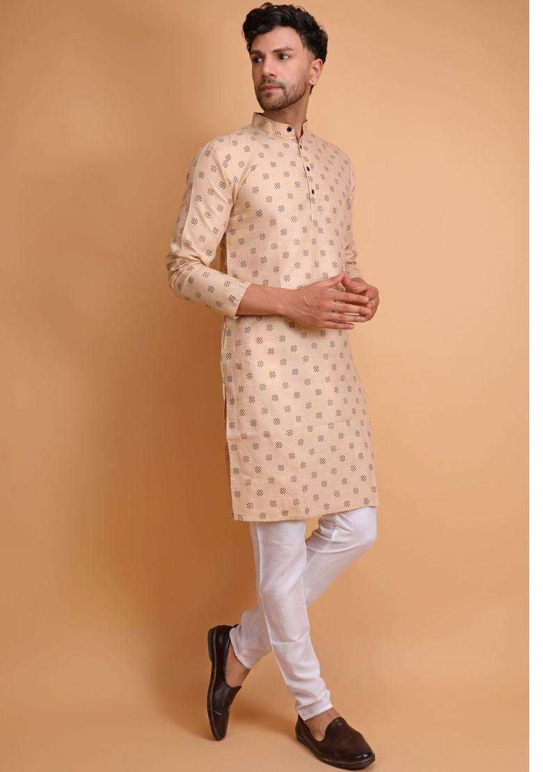 Beige Printed Cotton Kurta Set For Men - Indya