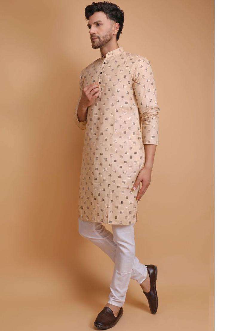 Beige Printed Cotton Kurta Set For Men - Indya