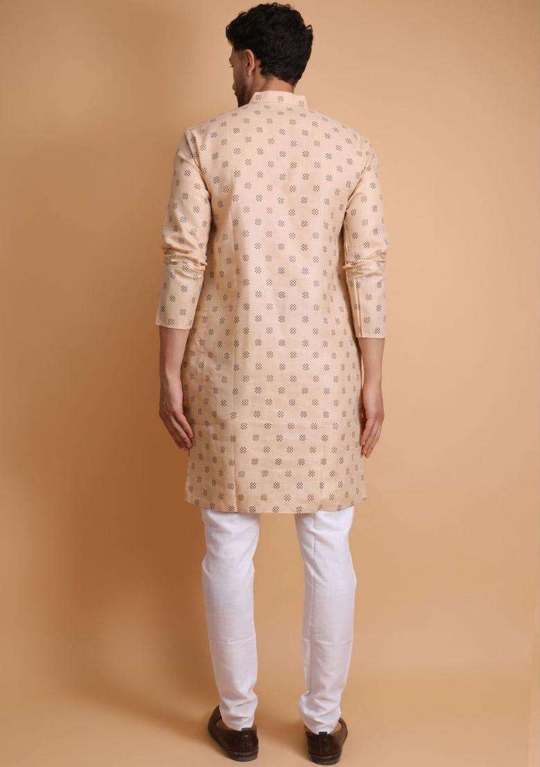 Beige Printed Cotton Kurta Set For Men - Indya