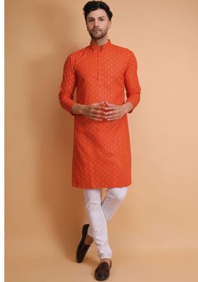 Orange Printed Cotton Kurta Set For Men