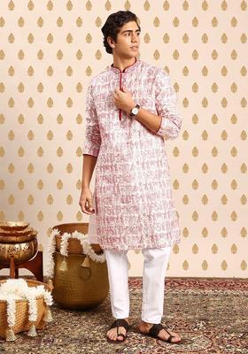 White Embroidered Polyester Kurta Set For Men