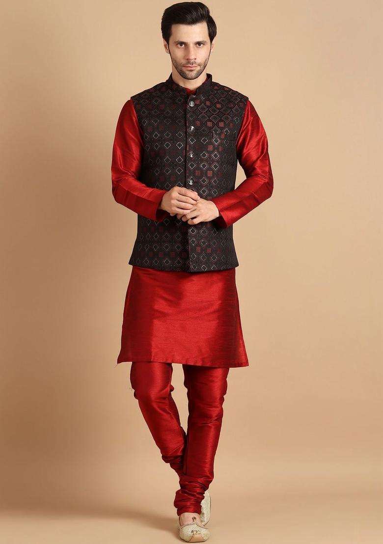 Red Solid Silk Kurta Set For Men - Indya