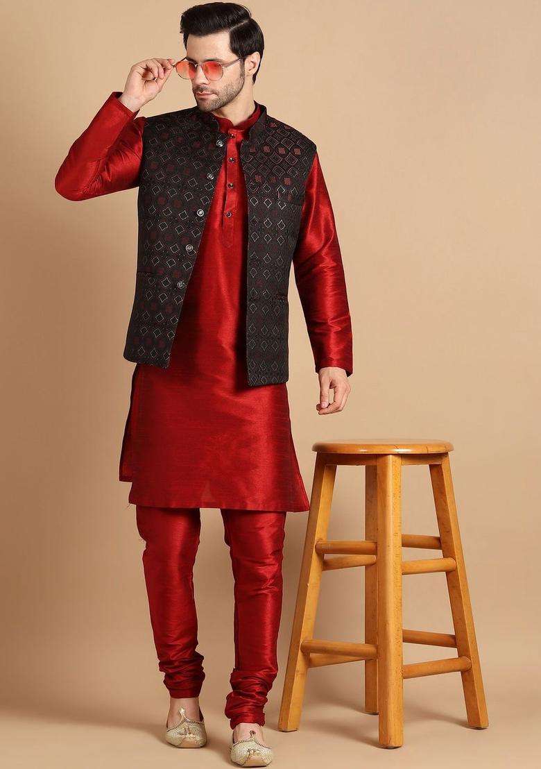 Red Solid Silk Kurta Set For Men - Indya