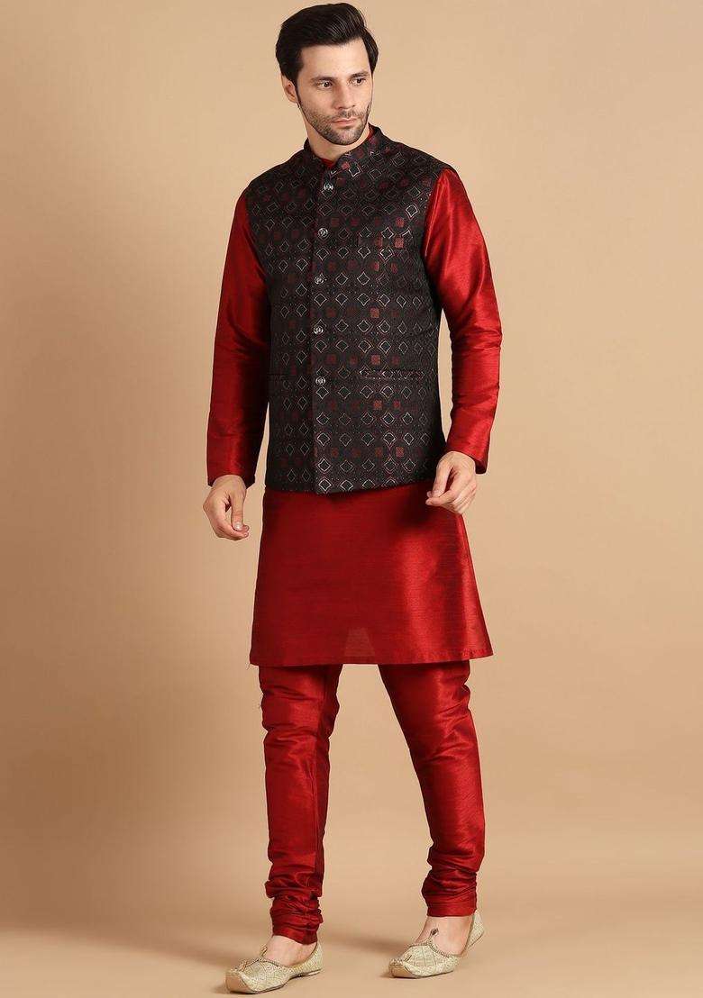 Red Solid Silk Kurta Set For Men - Indya