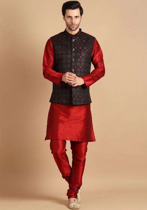 Red Solid Silk Kurta Set For Men