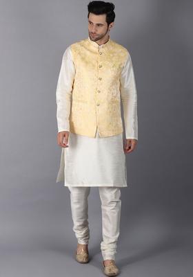 White Solid Silk Kurta Set For Men