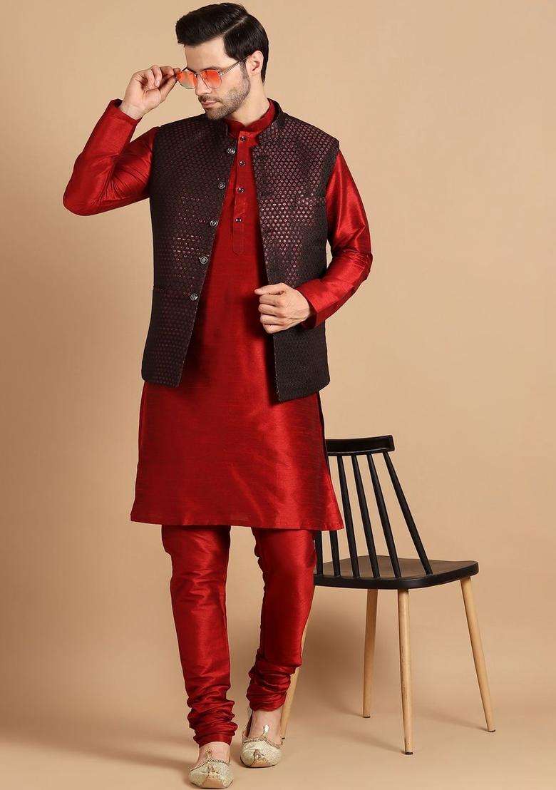 Red Solid Silk Kurta Set For Men - Indya