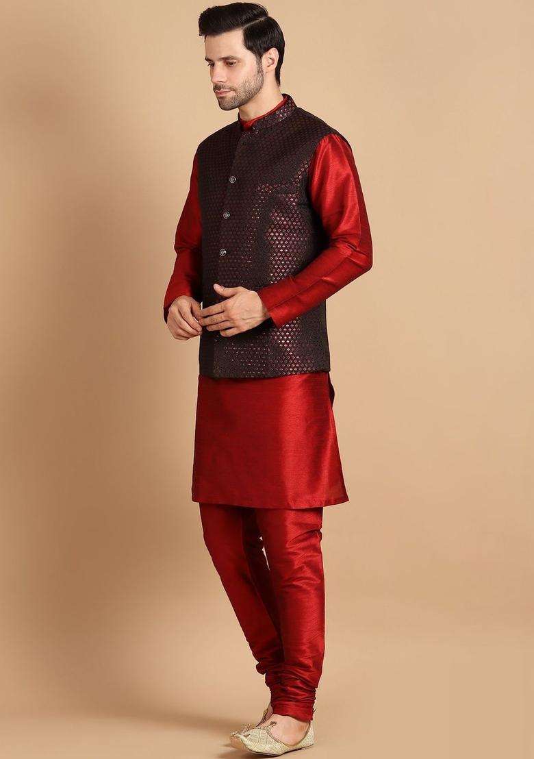 Red Solid Silk Kurta Set For Men - Indya