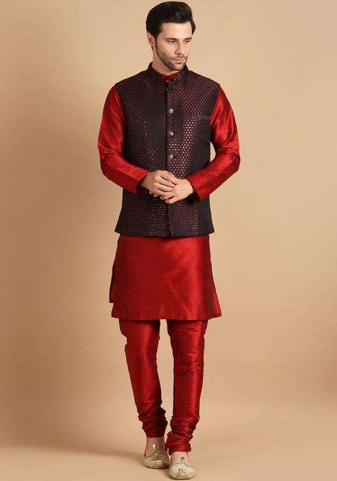 Red Solid Silk Kurta Set For Men