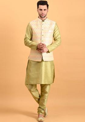 Lime Green Solid Silk Kurta Set For Men