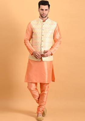 Peach Solid Silk Kurta Set For Men