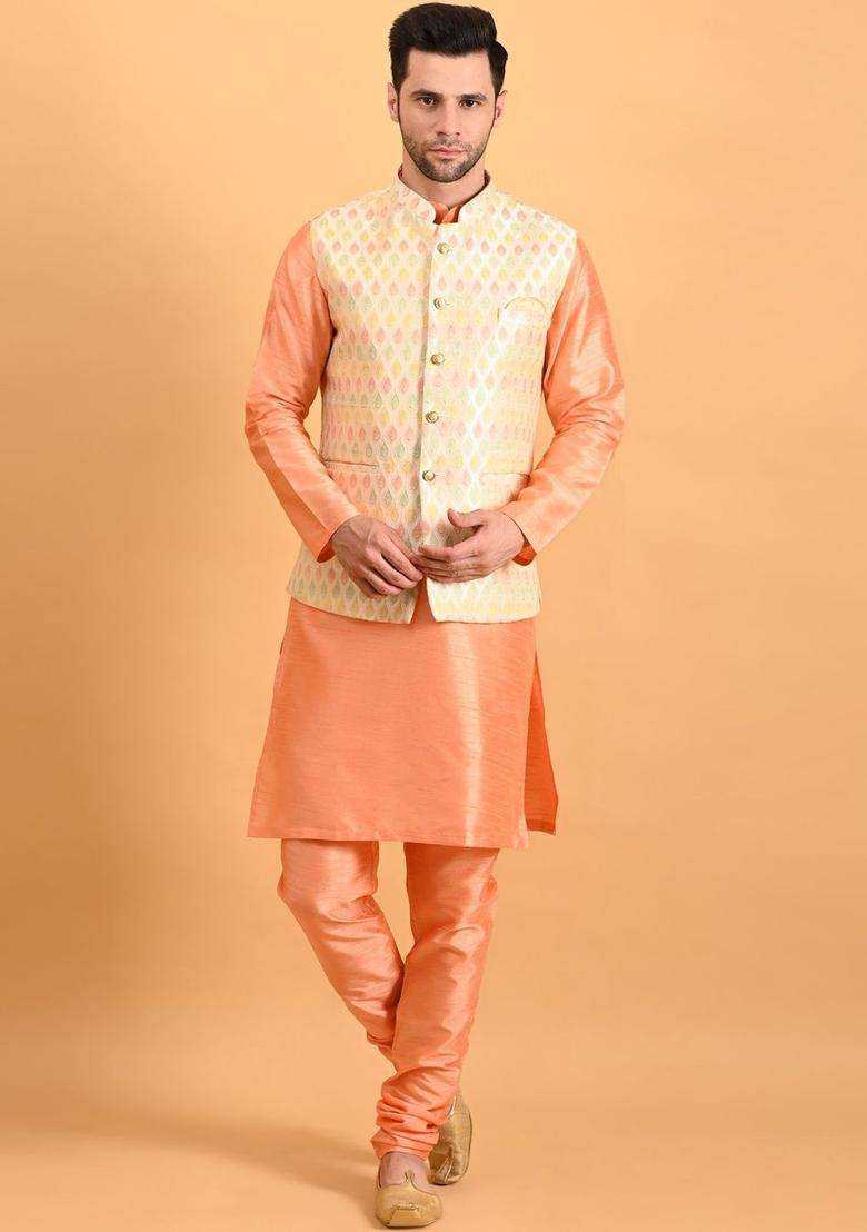 Peach Solid Silk Kurta Set For Men - Indya